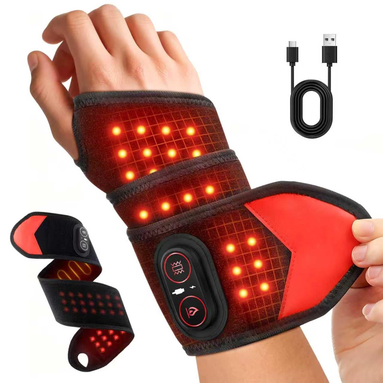 Ankle Brace - ポータブル赤色光療法ラップ 660nm 850nm LED光療法リストブレース、加熱と振動マッサージ機能付き、充電式コードレス、手首・首・膝・足首のスポーツリカバリー、リラクゼーション、オフィスでの使用に最適、温熱療法パッド、柔軟で調整可能なデザイン