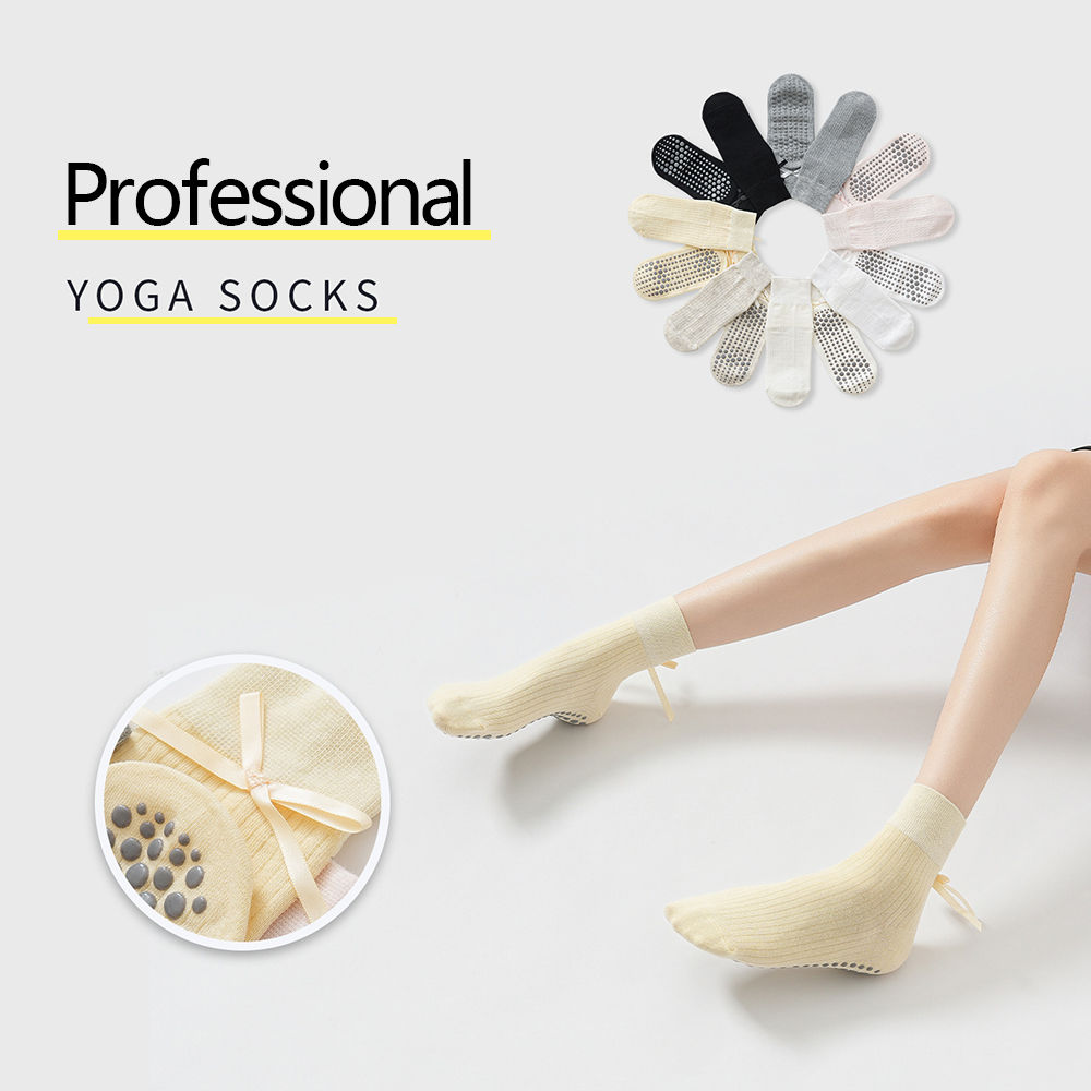 Sports Socks - かわいいリボン付きヨガソックス、女の子向けスイートトレンドピラティスフィットネススポーツソックス、プロ仕様の滑り止め、女性用通気性コットンソックス、ギフト