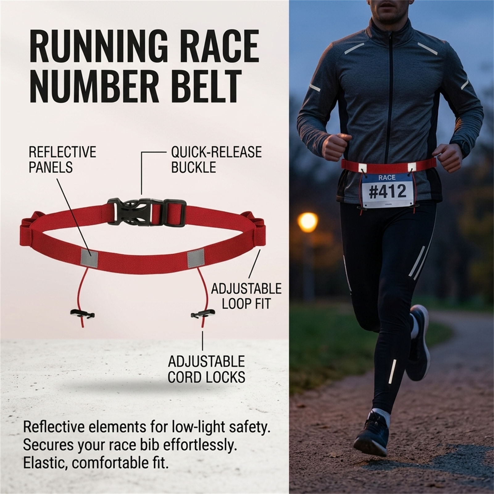 反射材付きトライアスロンナイトランニング用ビブベルト（エナジ - Race Bib のレビューと価格